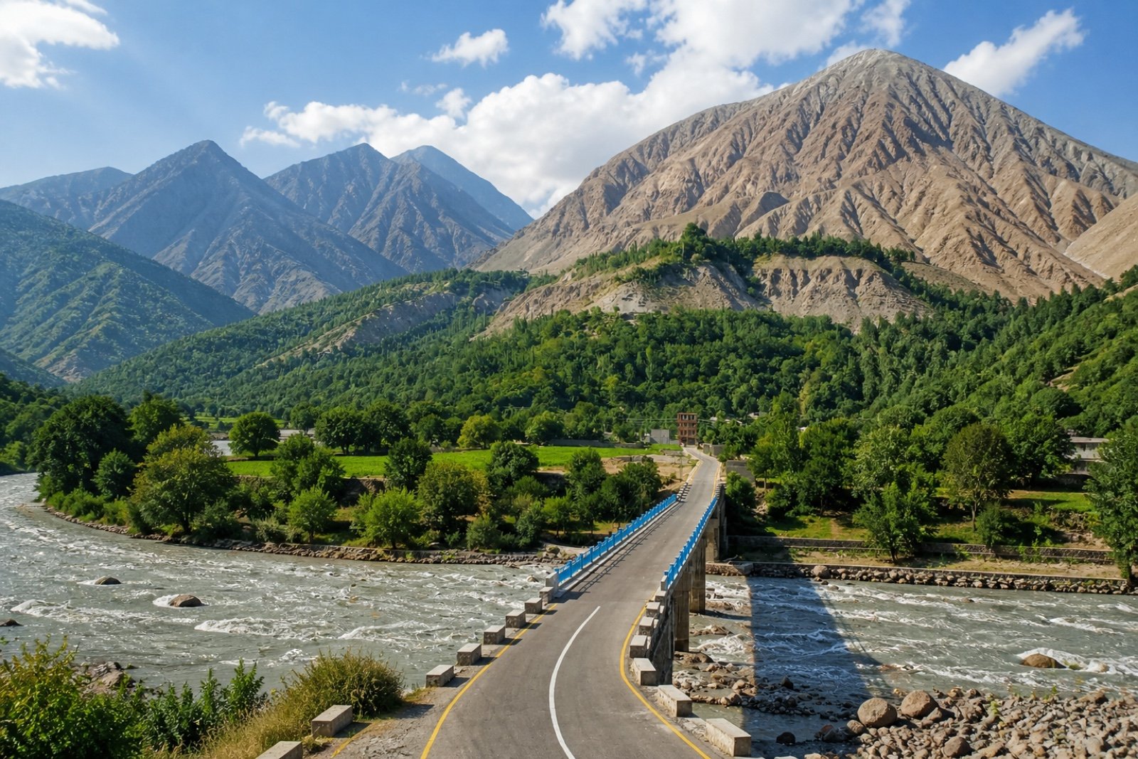 Sher Qila bridge crossing the river toward a green village beneath the mountains of Punial